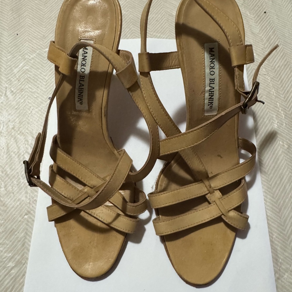 Manolo Blahnik Tan Leather Sandals with Ankle Strap